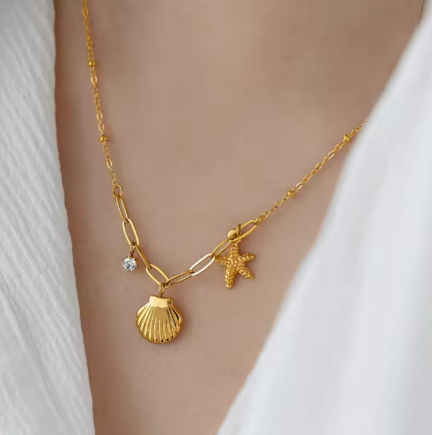 Gold Seashell and Starfish Necklace