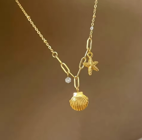 Gold Seashell and Starfish Necklace