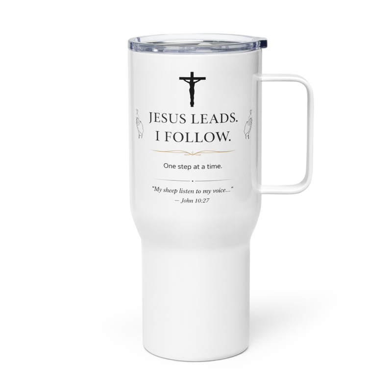 Travel Mug With a Handle - "Jesus Leads I Follow" - White 25 oz