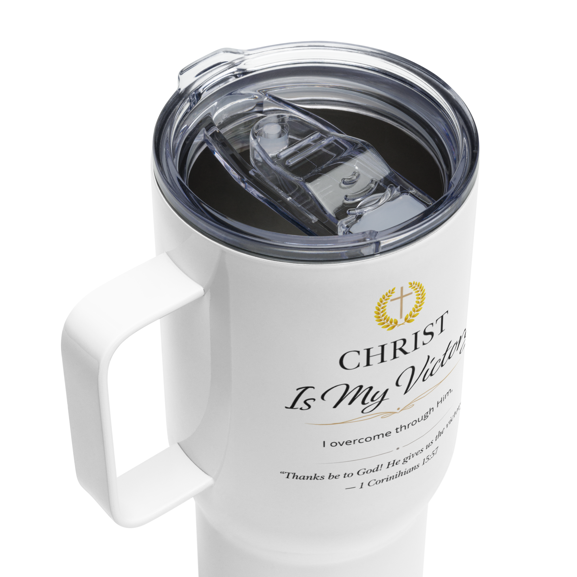Travel Mug With a Handle - "I Live For Christ" - White 25 oz