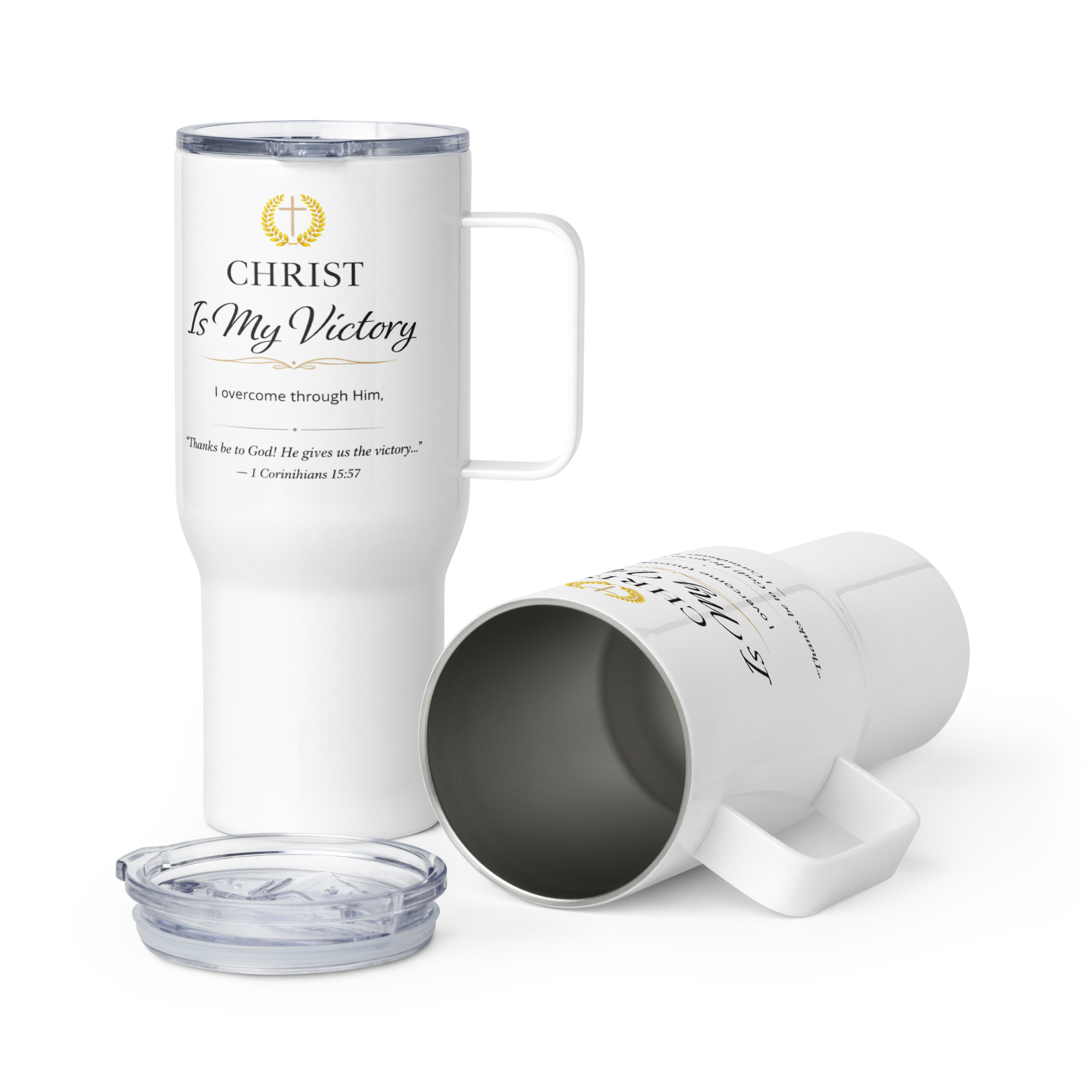 Travel Mug With a Handle - "Christ Is My Victory" - White 25 oz