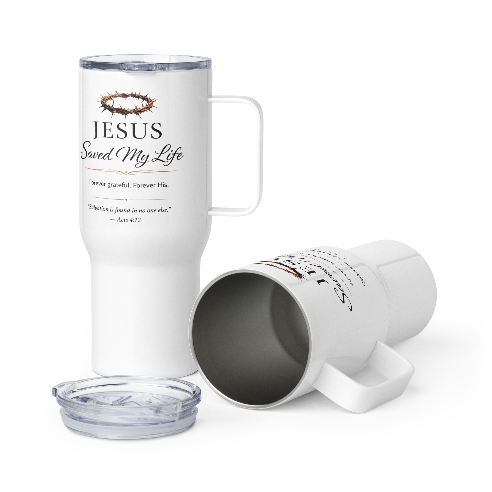 Travel Mug With a Handle - "Jesus Saved My Life" - White 25 oz