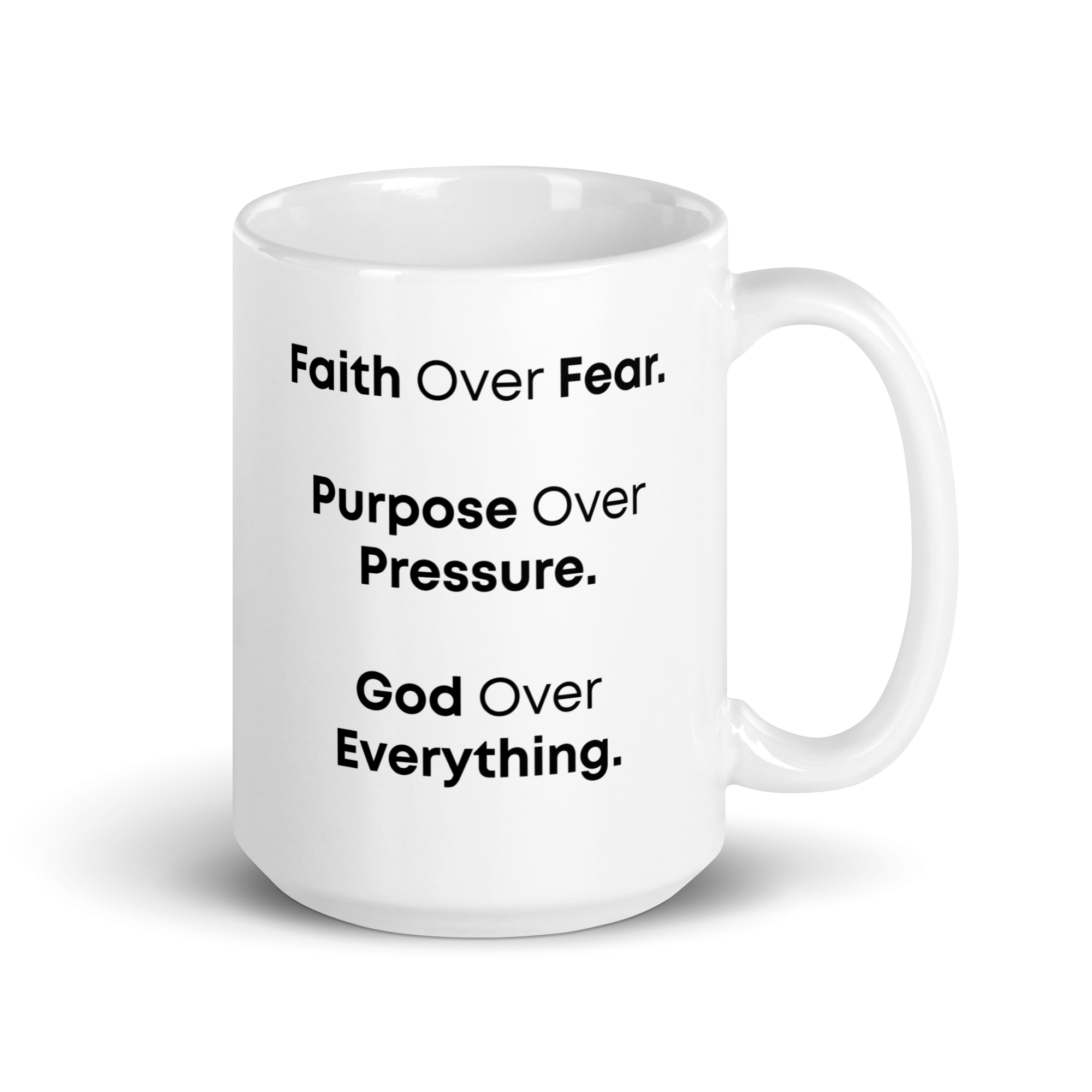 White Glossy Mug - "Faith Over Fear, Purpose Over Pressure, God Over Everything" - 11oz, 15oz