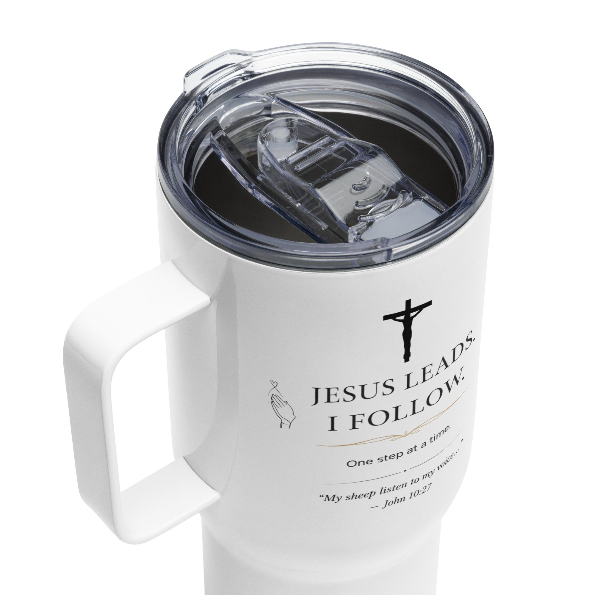 Travel Mug With a Handle - "Jesus Leads I Follow" - White 25 oz