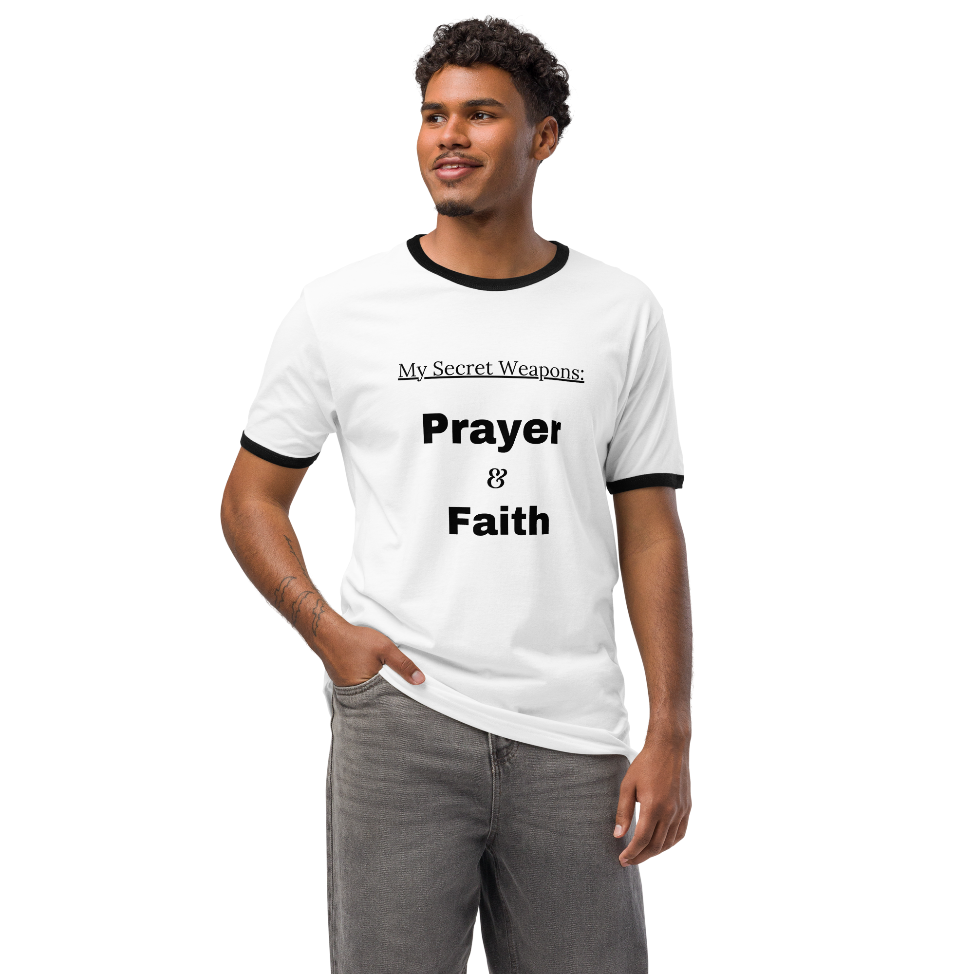 Unisex Ringer T-Shirt | Next Level 3604 - "My Secret Weapons: Prayer & Faith" - Small to 3XL