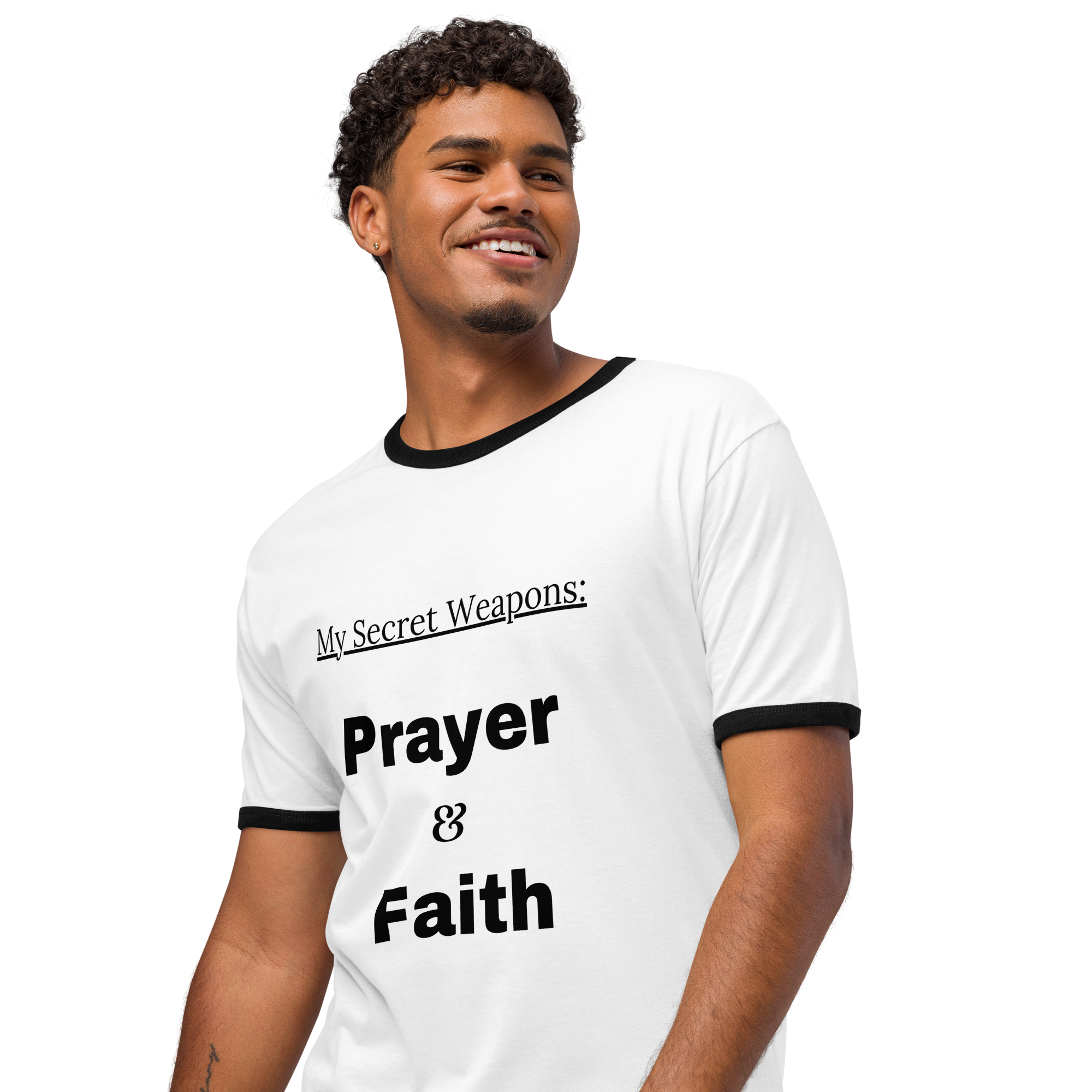 Unisex Ringer T-Shirt | Next Level 3604 - "My Secret Weapons: Prayer & Faith" - Small to 3XL