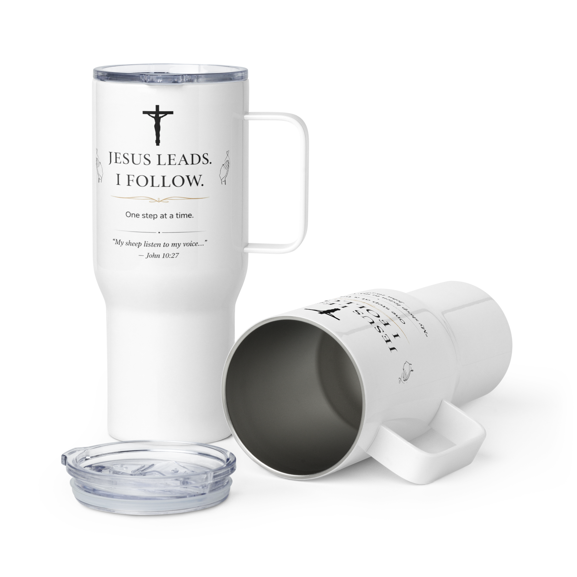 Travel Mug With a Handle - "Jesus Leads I Follow" - White 25 oz