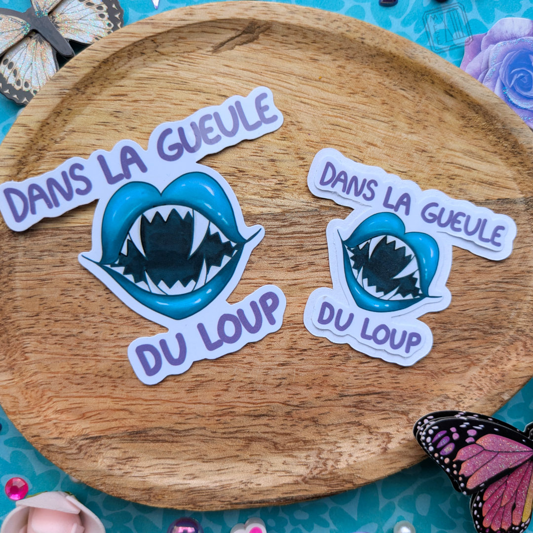 Stickers humoristique Dans la gueule du loup bleu