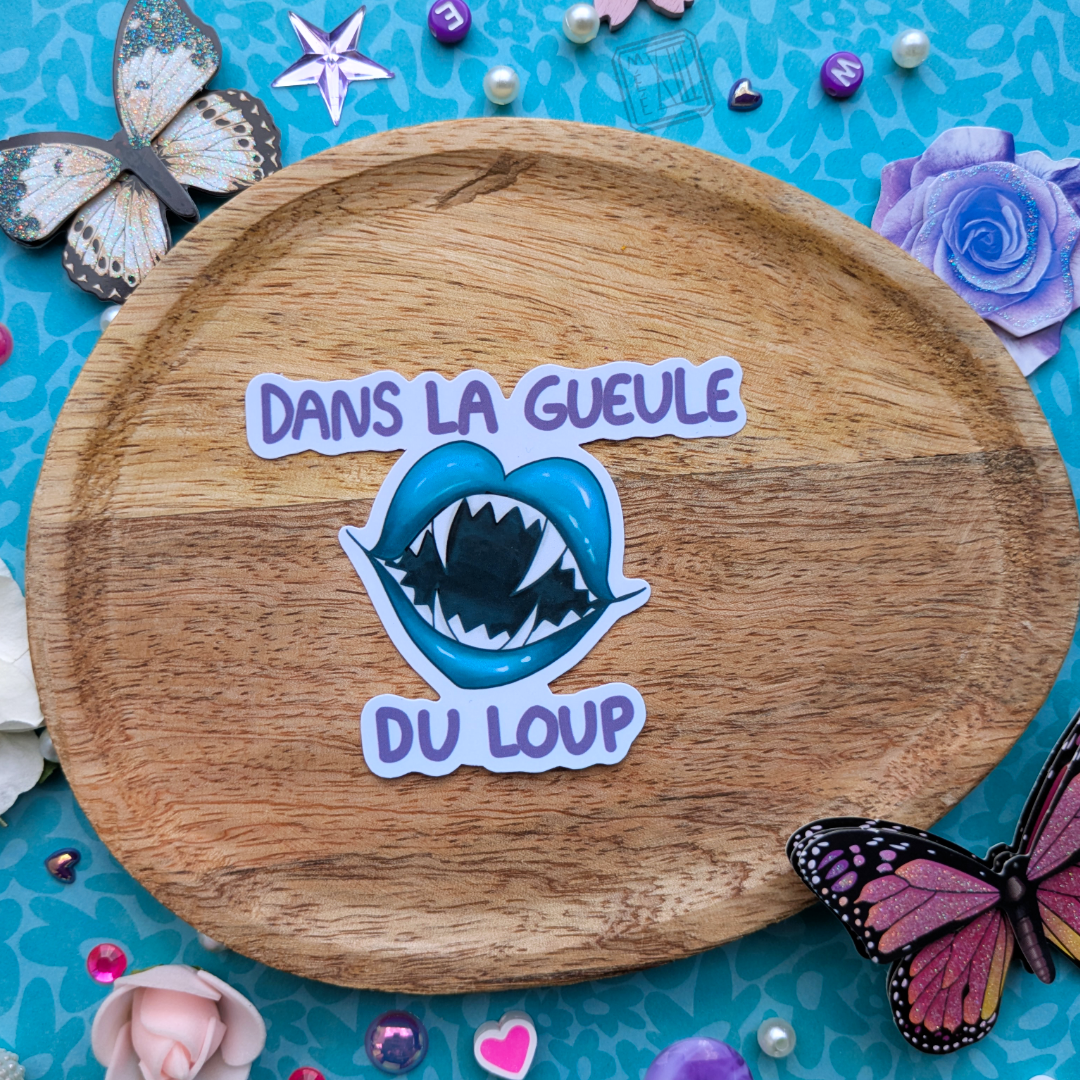 Stickers humoristique Dans la gueule du loup bleu