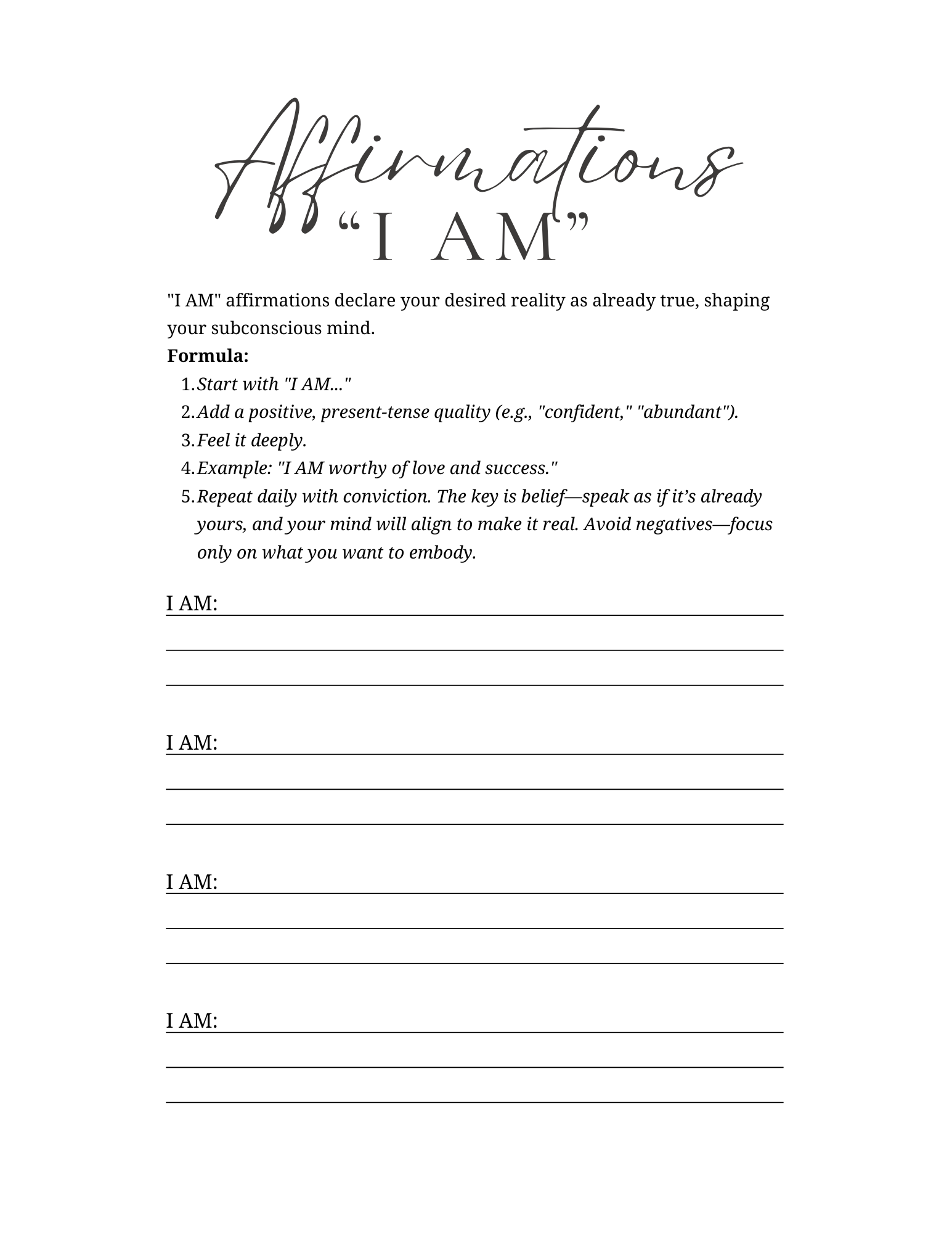 Belief Dump & Affirmations 'I AM' Worksheet