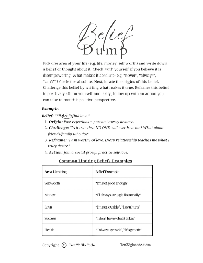 Belief Dump & Affirmations 'I AM' Worksheet
