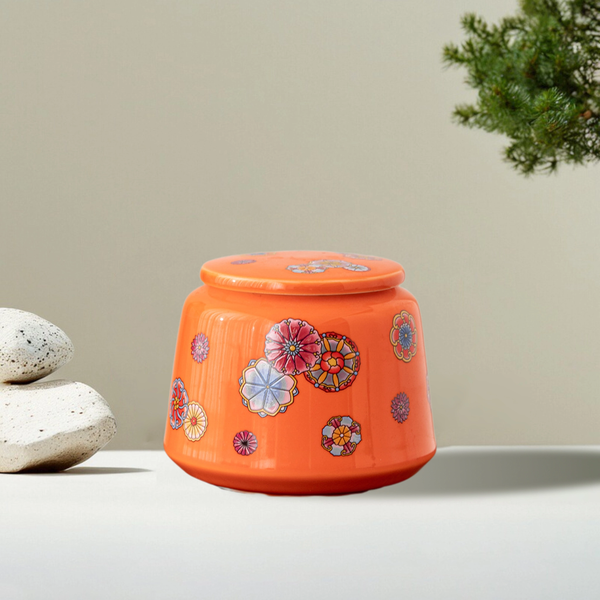 Auspicious Buddha Lotus Patterned Ceramic Pet Urn