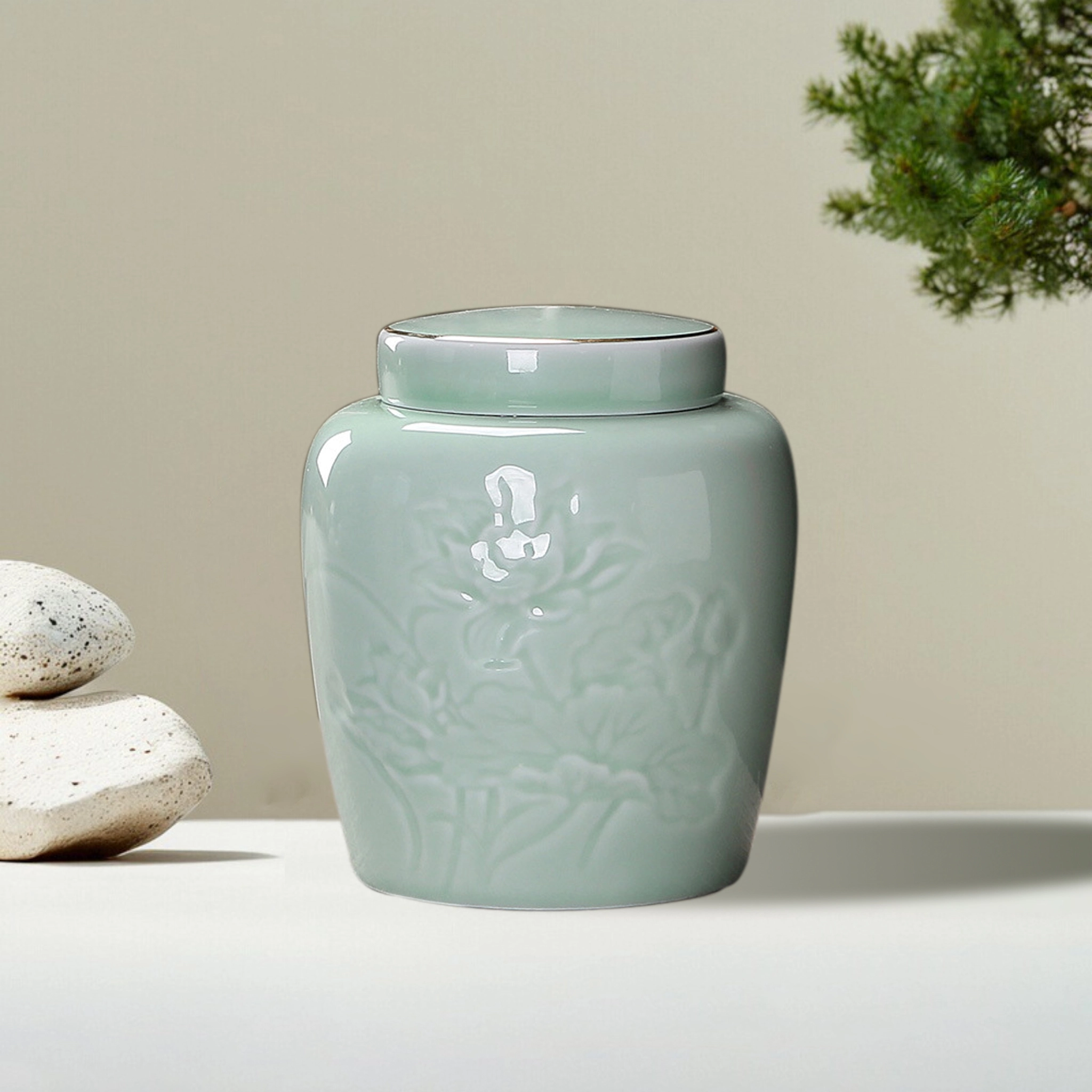 Classic Lotus-Patterned Celadon Pet Urn Storage Box TC-JDQ