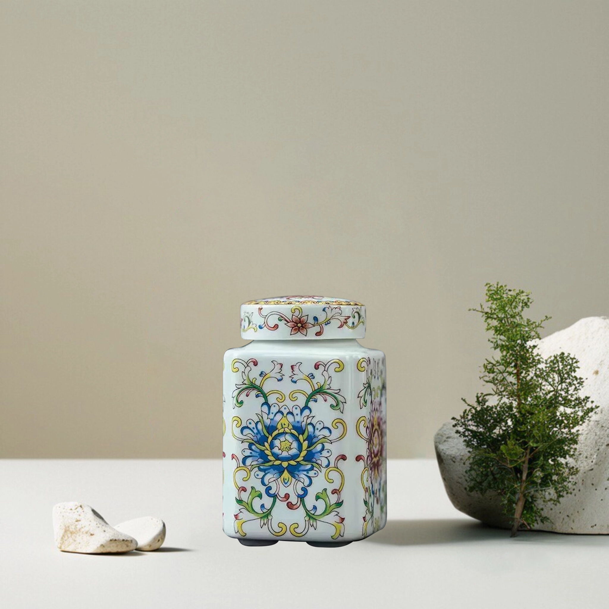 Enamel-Colored Porcelain Blue Lotus Pet Urn
