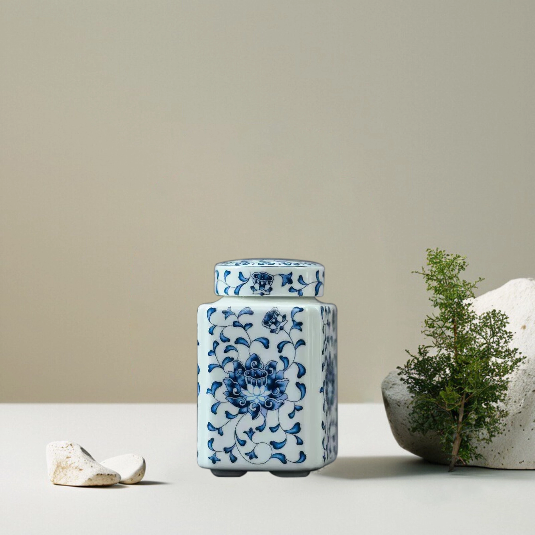 Enamel-Colored Porcelain Blue Lotus Pet Urn