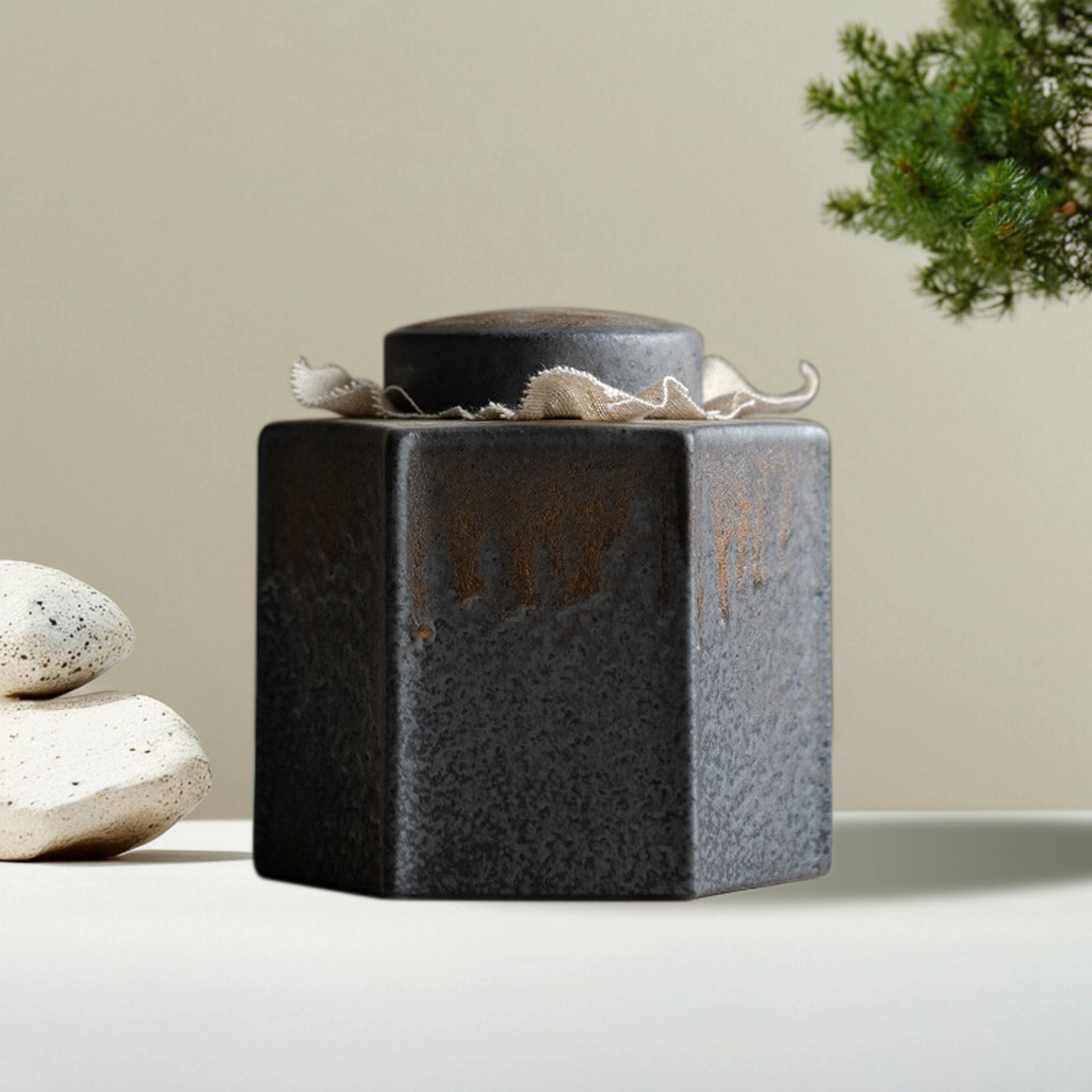 Gilded Hexagonal Handcrafted Rust Glaze Kiln-transformed Pet Urn