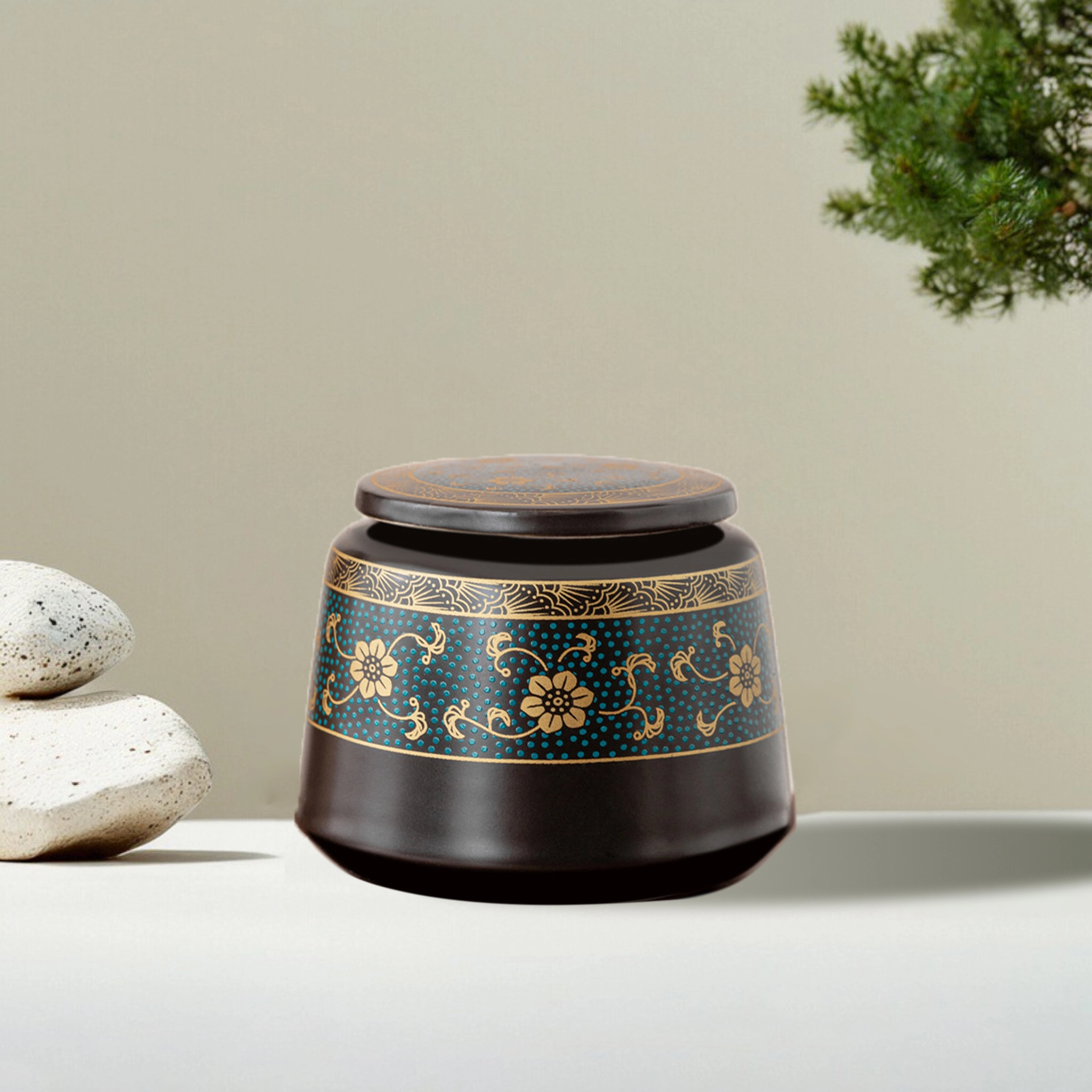 Auspicious Buddha Lotus Patterned Ceramic Pet Urn