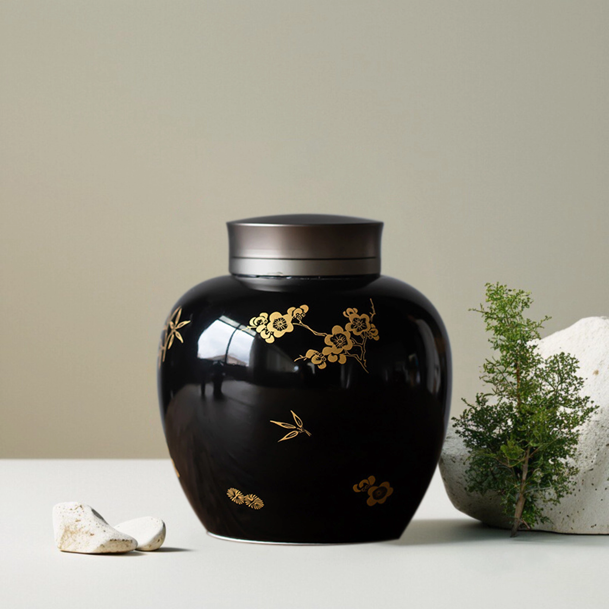 Black And Gold Cherry Blossom Applique Pet Urn
