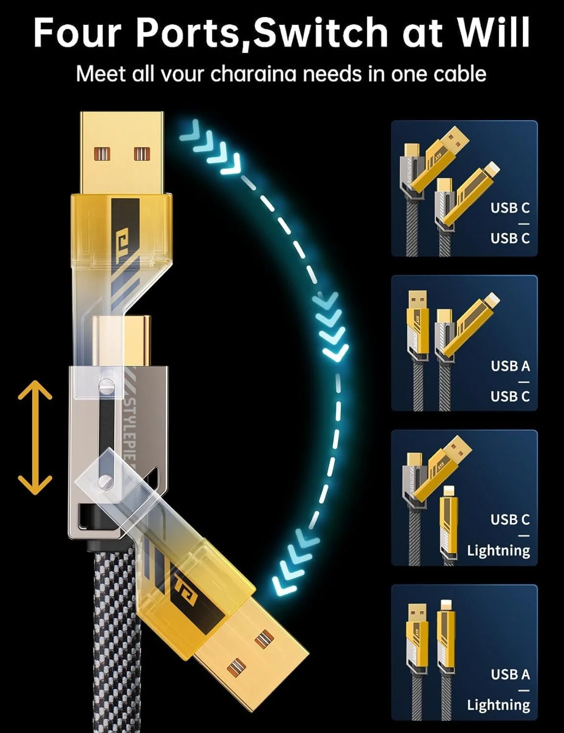 4in1 Metal Alloy Ports, 65W Cable