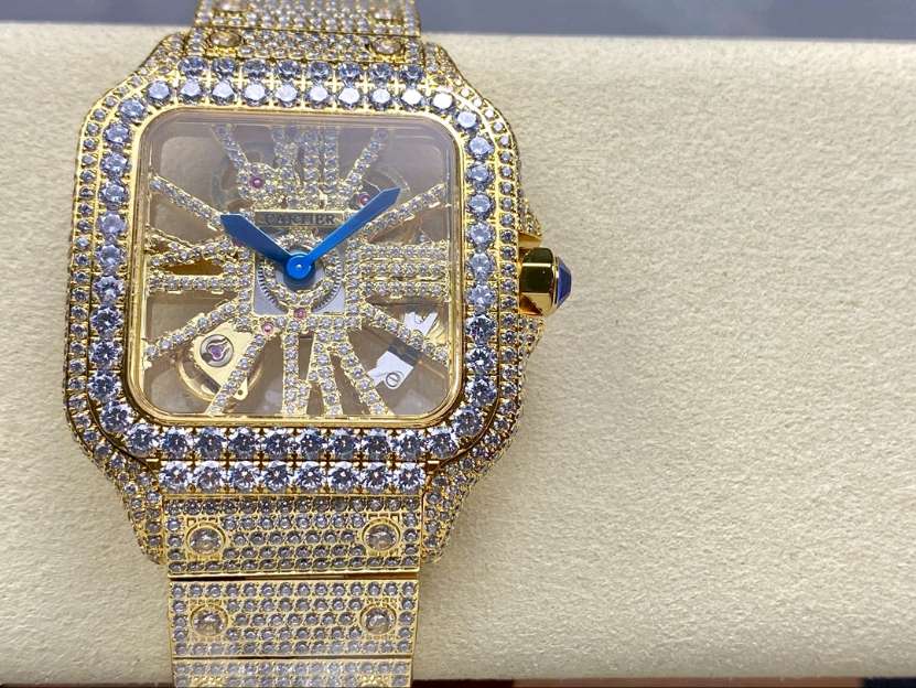 iced out "Santos de Cartier" skeleton inspired watch