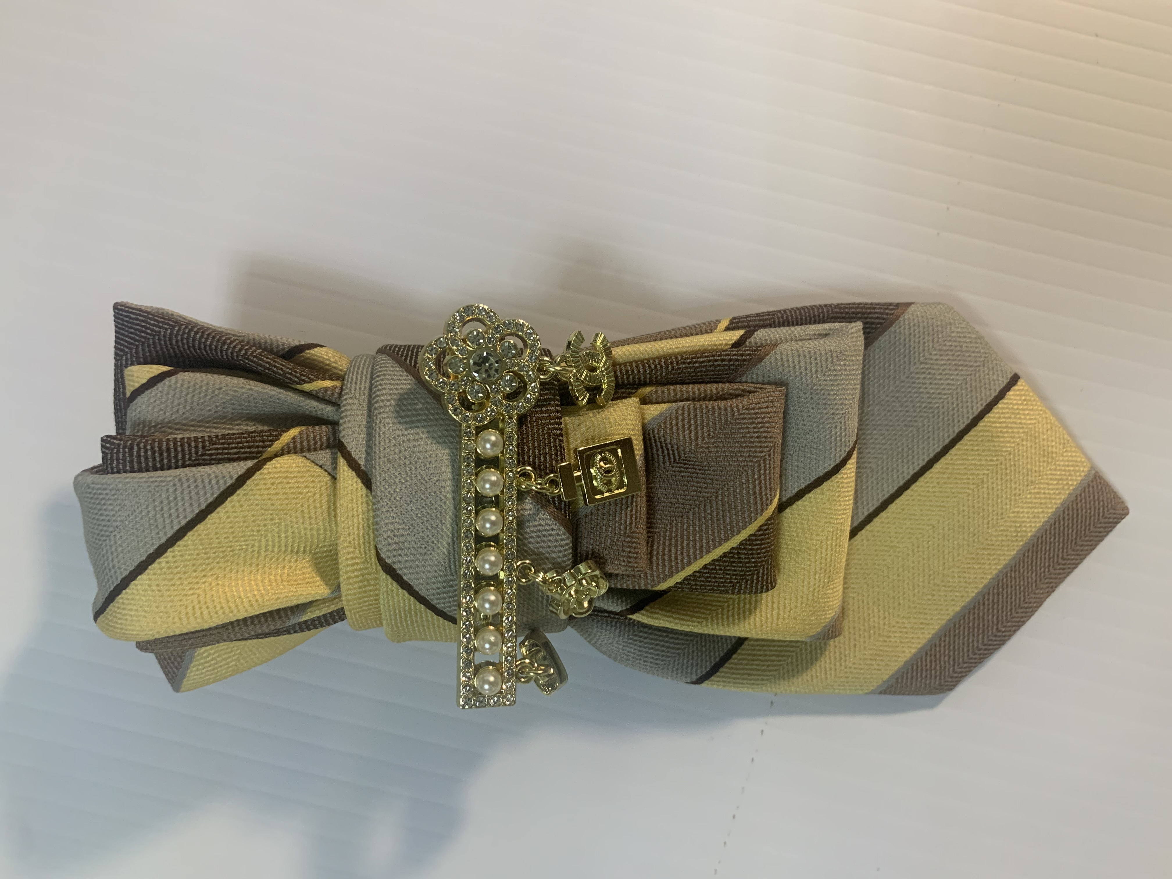 Striped Silk Necktie with Vintage Key Brooch