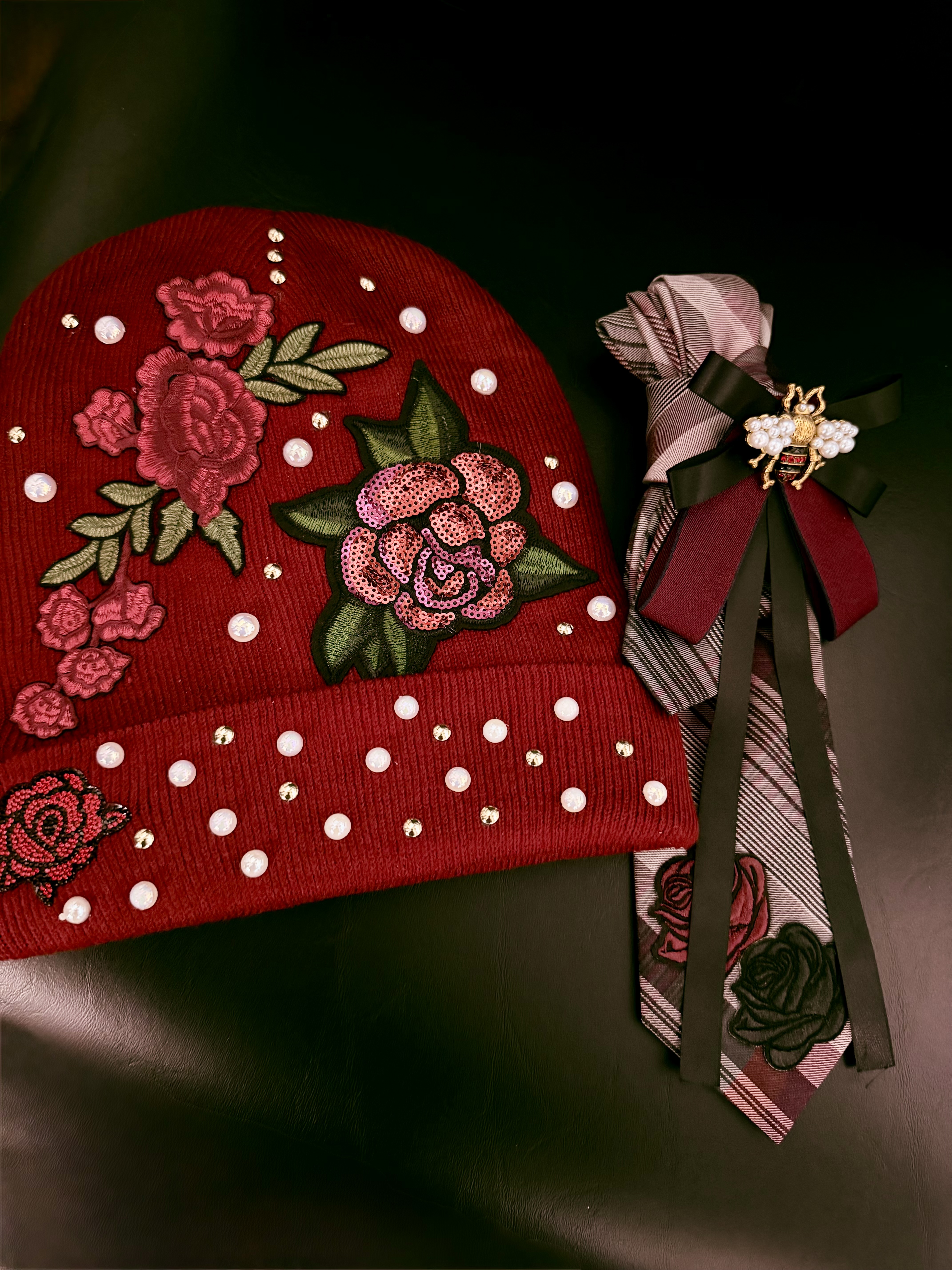 Wine Rose Beanie + Tie