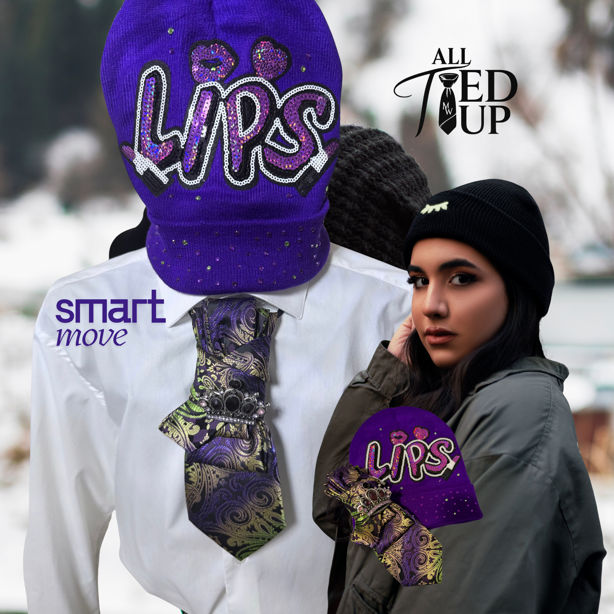 Purple 'LIPS' Embroidered Cap and Decorative Neck Tie Set