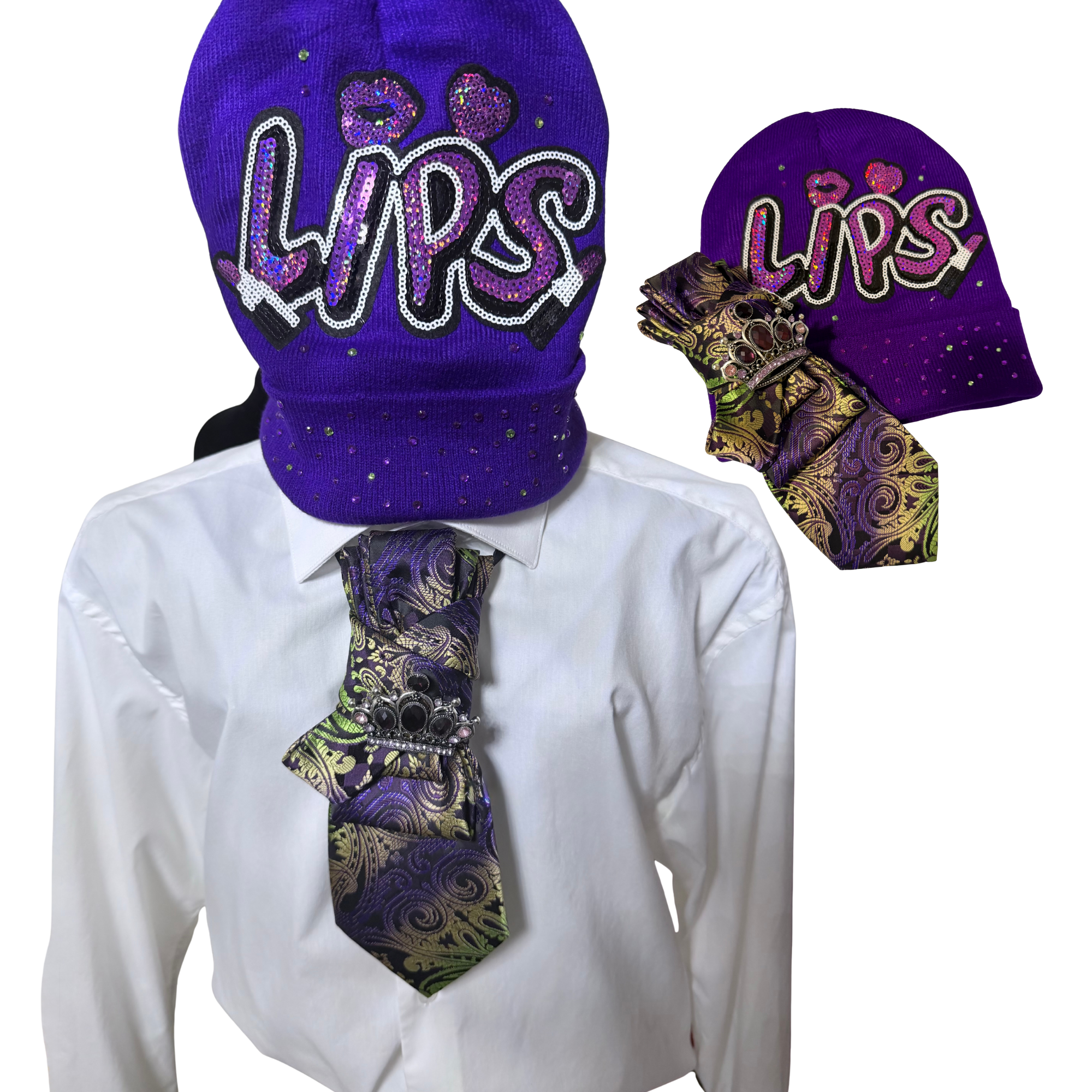 Purple 'LIPS' Embroidered Cap and Decorative Neck Tie Set