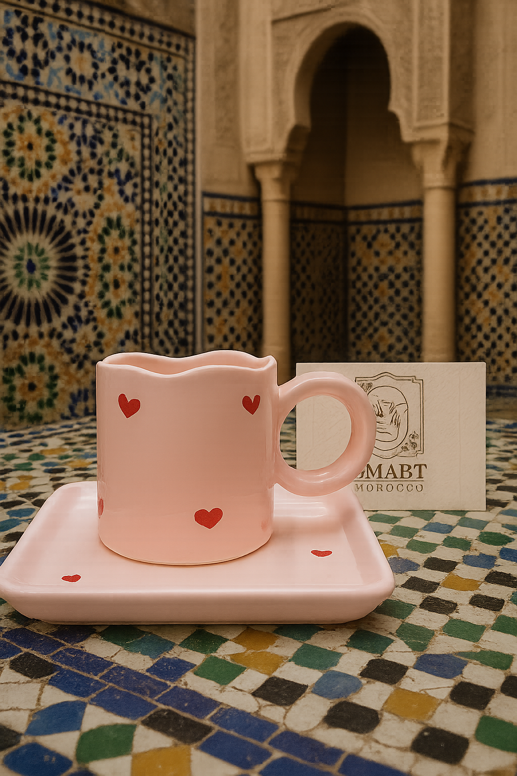 Tasse en céramique rose à cœurs
