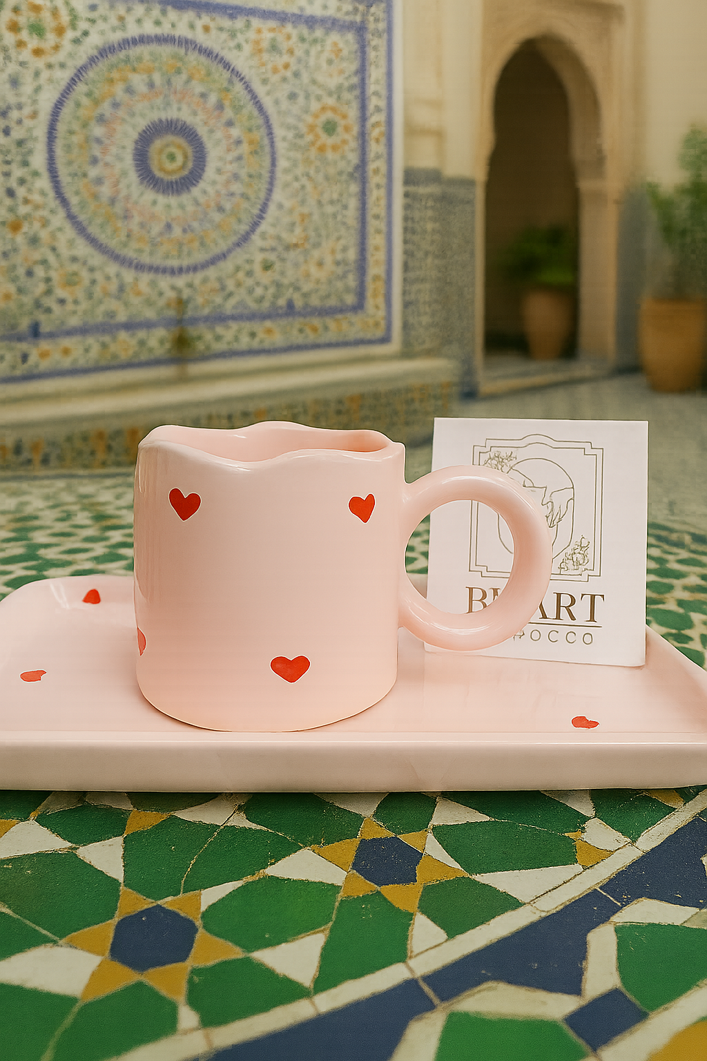 Tasse en céramique rose à cœurs