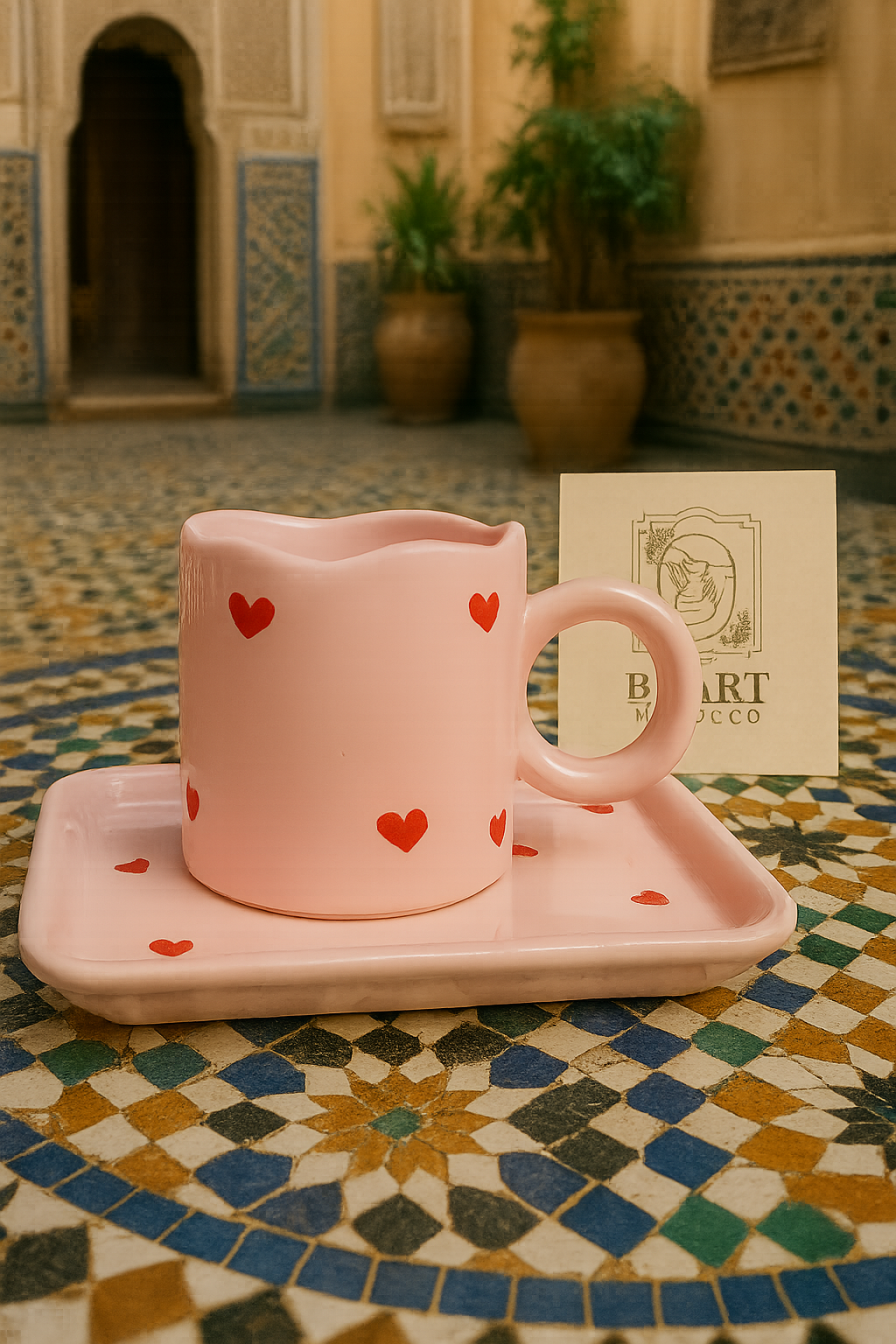 Tasse en céramique rose à cœurs