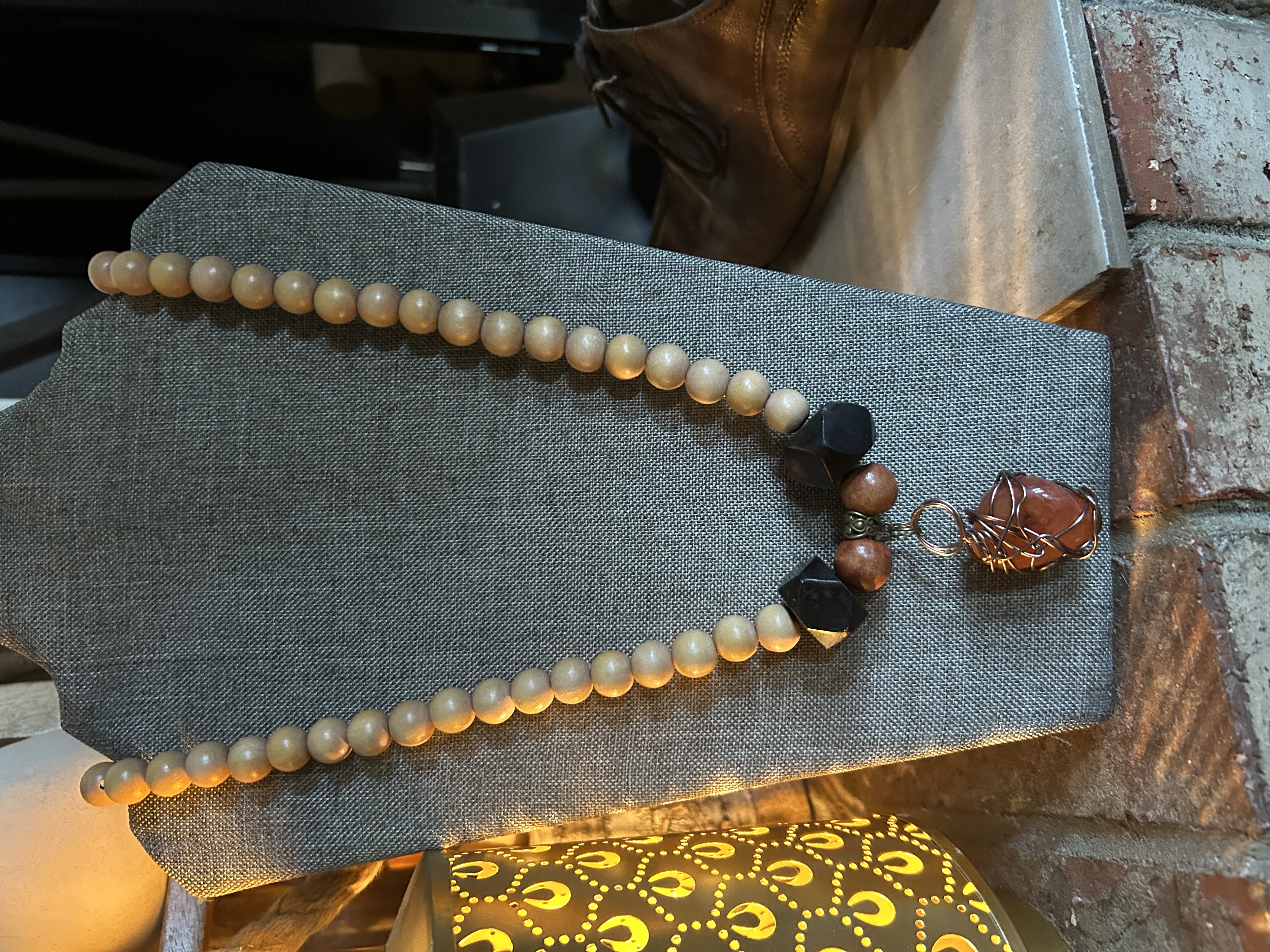 Handcrafted Beaded Necklace with Wire-Wrapped Stone Pendant