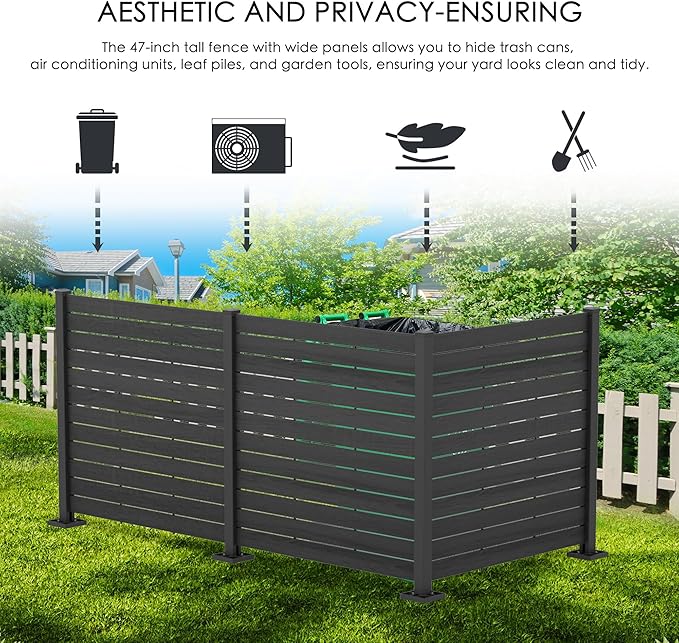 Kozyard 50" W x 48" H Outdoor Privacy Screens Aluminum Post, Air Conditioner Fence Panels, Pool Equipment Enclosure, Trash Can Screens Fence Kit for Outside Backyard Patio (Black/ 3 Panels)