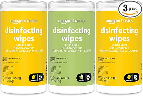 Amazon Basics Wipes, Lemon & Fresh Scent, Sanitizes, Cleans & Deodorizes, 255 Count (3 Packs of 85)