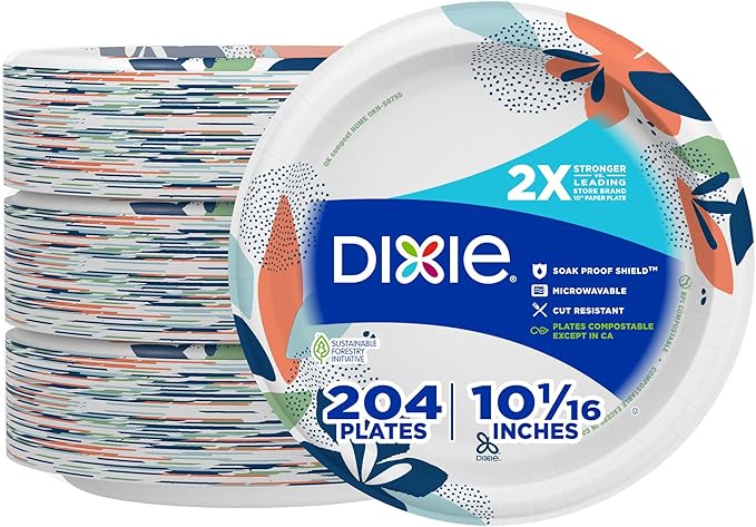 Dixie Large Paper Plates, 10 Inch, 204 Count, 2X Stronger*, Microwave-Safe, Soak-Proof, Cut Resistant, Disposable Plates For Everyday Breakfast, Lunch, & Dinner Meals