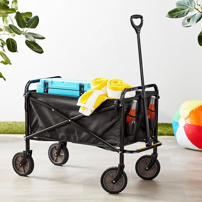 Amazon Basics Collapsible Folding Outdoor Utility Wagon for Sports, Garden, Camping, and Shopping, Heavy Duty, Large Capacity, Black