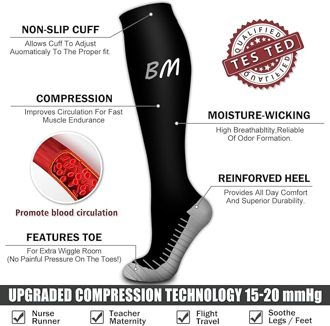 6 Pack Copper Compression Socks for Women and Men Circulation-Best Support for Medical, Running,Nursing,Athletic 85% Nylon, 15% Polyester