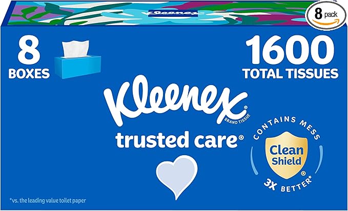 Kleenex Trusted Care Facial Tissues, 8 Flat Boxes, 200 Tissues per Box, 2-Ply, Packaging May Vary