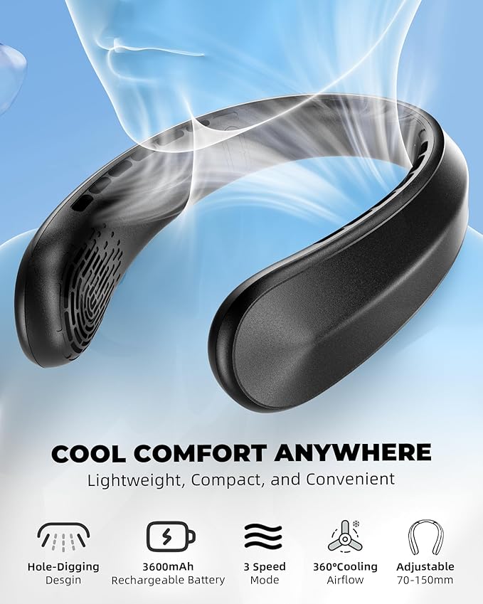 FrSara Rechargeable Neck Fan, Portable Personal Fan that Blows Cold Air, 3-Speed with 5200mAh Battery, Supports USB TYPE-C, Ideal Present for Birthday, Women, Men, Travel, Outdoor, Menopause, Black