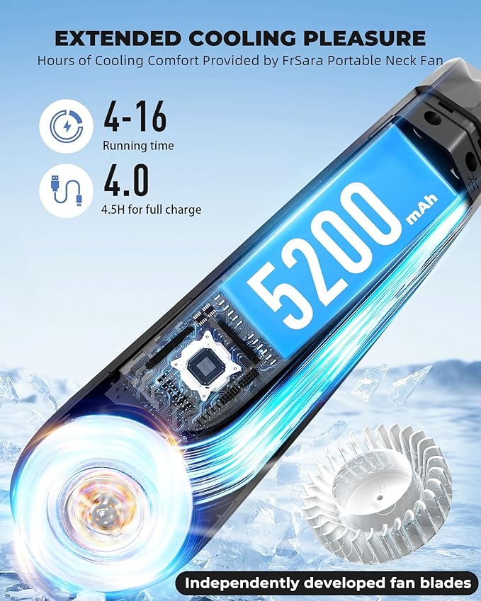 FrSara Rechargeable Neck Fan, Portable Personal Fan that Blows Cold Air, 3-Speed with 5200mAh Battery, Supports USB TYPE-C, Ideal Present for Birthday, Women, Men, Travel, Outdoor, Menopause, Black