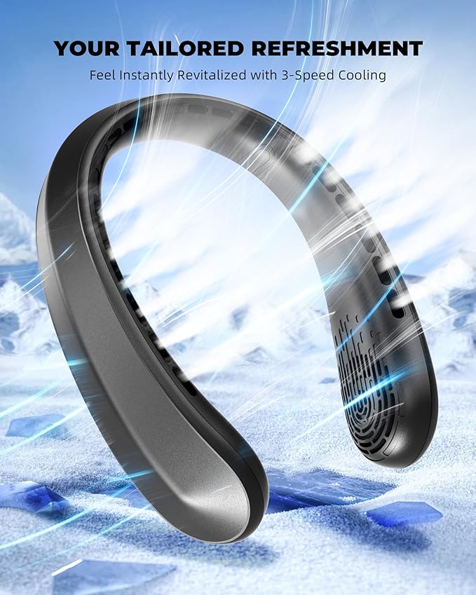 FrSara Rechargeable Neck Fan, Portable Personal Fan that Blows Cold Air, 3-Speed with 5200mAh Battery, Supports USB TYPE-C, Ideal Present for Birthday, Women, Men, Travel, Outdoor, Menopause, Black