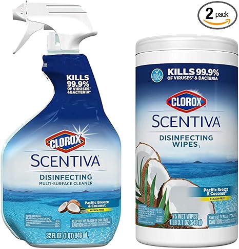 Clorox Scentiva Disinfecting Multi-Surface Cleaner Spray & Disinfecting Wipes, Pacific Breeze & Coconut Scent - Bundle of 2 Items