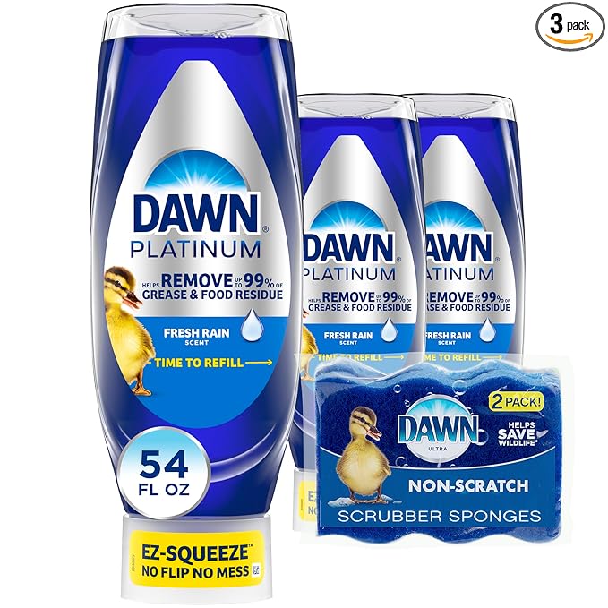 Dawn Dish Soap Squeeze Bottle, EZ-Squeeze Platinum Dish Soap Liquid+Non-Scratch Sponges for Dishes, Fresh Rain, Includes 3x18oz Bottles+2 Sponges