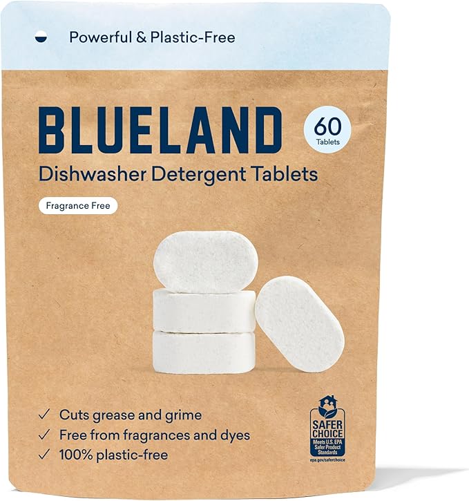 BLUELAND 100% Plastic-Free Dishwasher Detergent Tablets, 60 Count, Unscented Eco Friendly Dishwashing Pods, Natural, Sustainable