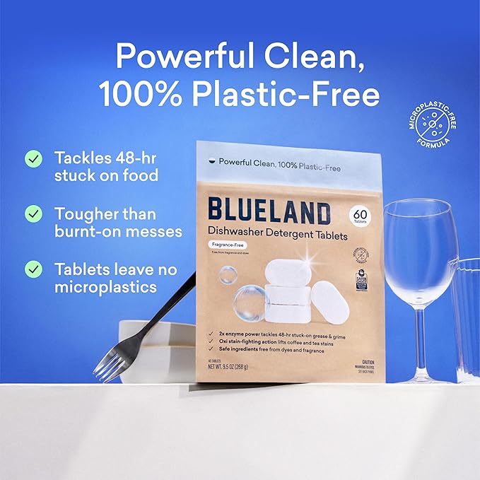 BLUELAND 100% Plastic-Free Dishwasher Detergent Tablets, 60 Count, Unscented Eco Friendly Dishwashing Pods, Natural, Sustainable