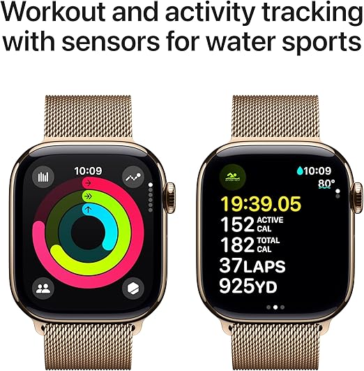 Apple Watch Series 10 [GPS + Cellular 42mm] with Gold Titanium Case with Gold Milanese Loop. Fitness Tracker, ECG App, Always-On Retina Display, Carbon Neutral with AppleCare+ (2 Years)