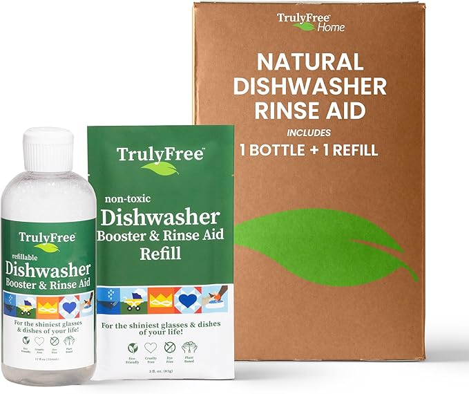 Natural Dishwasher Booster & Rinse Aid - Non-Toxic Dishwashing Aid Formula, Removes Residue & Tough Dish Stains, Water Spot Remover - Includes: 1 Reusable Empty 12 oz Bottle & 1 Refill