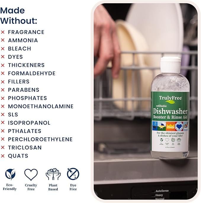 Natural Dishwasher Booster & Rinse Aid - Non-Toxic Dishwashing Aid Formula, Removes Residue & Tough Dish Stains, Water Spot Remover - Includes: 1 Reusable Empty 12 oz Bottle & 1 Refill