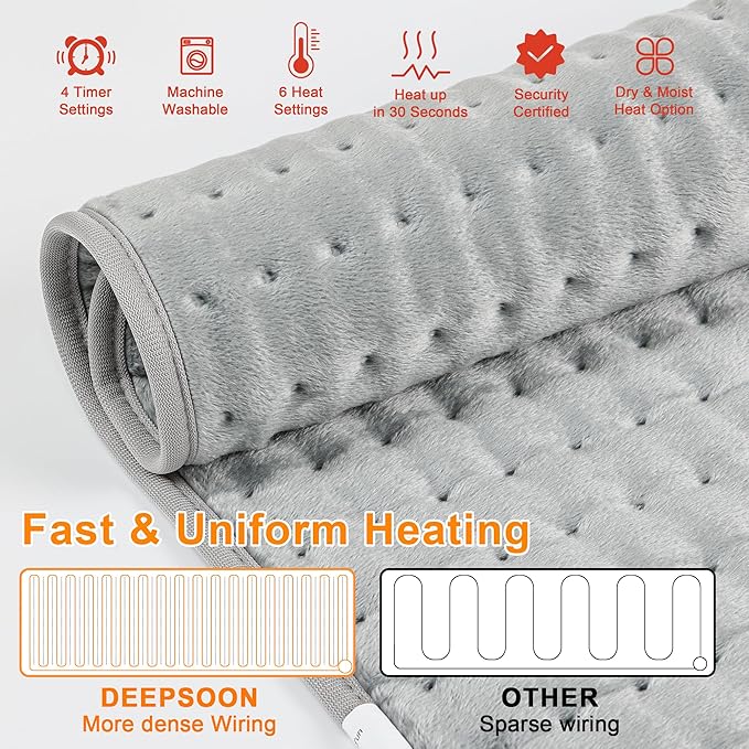 EHeating Pad,Electric Heating Pads for Back,Neck,Abdomen,Fathers Day Dad Gifts,Moist Heating Pad for Shoulder,Knee,Arms,Legs,Dry/Moist Heat & Auto Shut Off,Birthday Gifts for Men(Light Gray, 24''×12'')