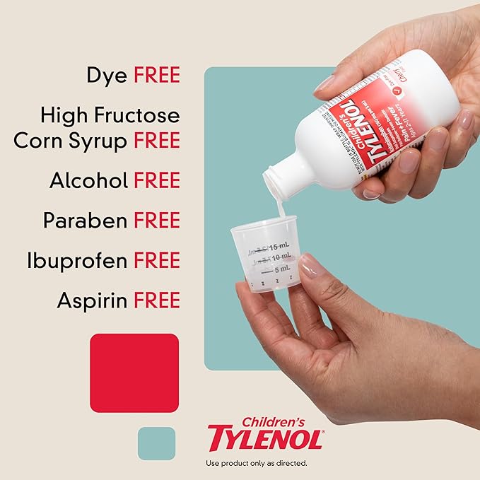 Children's Tylenol Liquid Pain Relief & Fever Medicine, Oral Suspension, Dye-Free, Acetaminophen, No Aspirin, No Ibuprofen, No High Fructose Corn Syrup; Cherry Flavor, 8 fl. oz.; Pack of 1